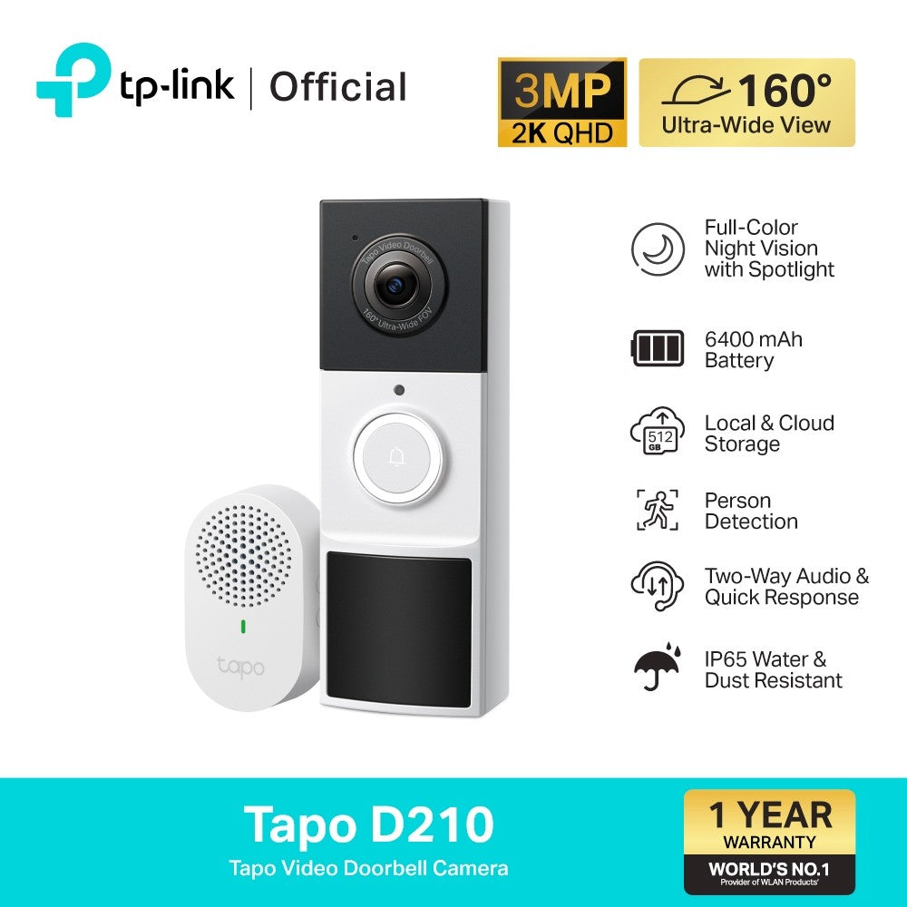 TP-Link Tapo D210 Video Doorbell Camera ออดประตูอัจฉริยะ กล้อง 2K ภาพสีคมชัดตอนกลางคืน IP65 สื่อสารได้ 2 ทาง รับประกัน 1 ปี