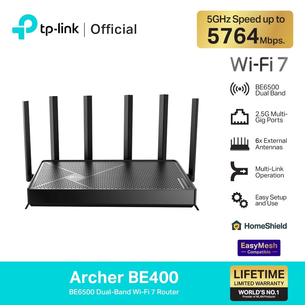 TP-Link Archer BE400 เราเตอร์ Wi-Fi 7 BE6500 Dual-Band Wi-Fi 7 รองรับ EasyMesh เพื่อสร้างเครือข่าย Wi-Fi ที่ครอบคลุม