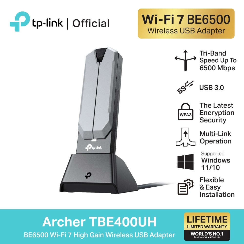 TP-Link Archer TBE400UH อะแดปเตอร์ Wi-Fi 7 BE6500 อะแดปเตอร์ USB ไร้สายกำลังขยายสูง Wi-Fi 7