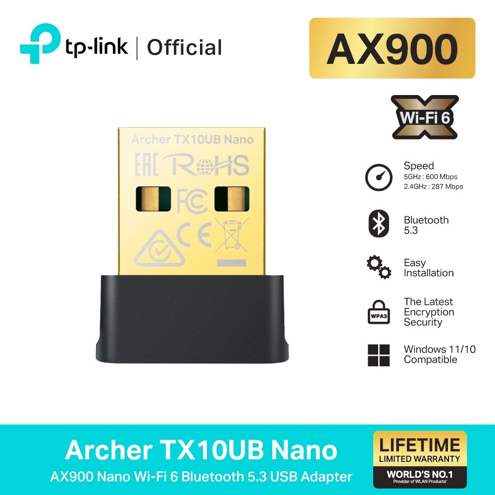 TP-Link Archer TX10UB Nano USB Adapter, Bluetooth 5.3 AX900 Nano Wi-Fi 6 Bluetooth 5.3 USB Adapter, Limited Lifetime Warranty
