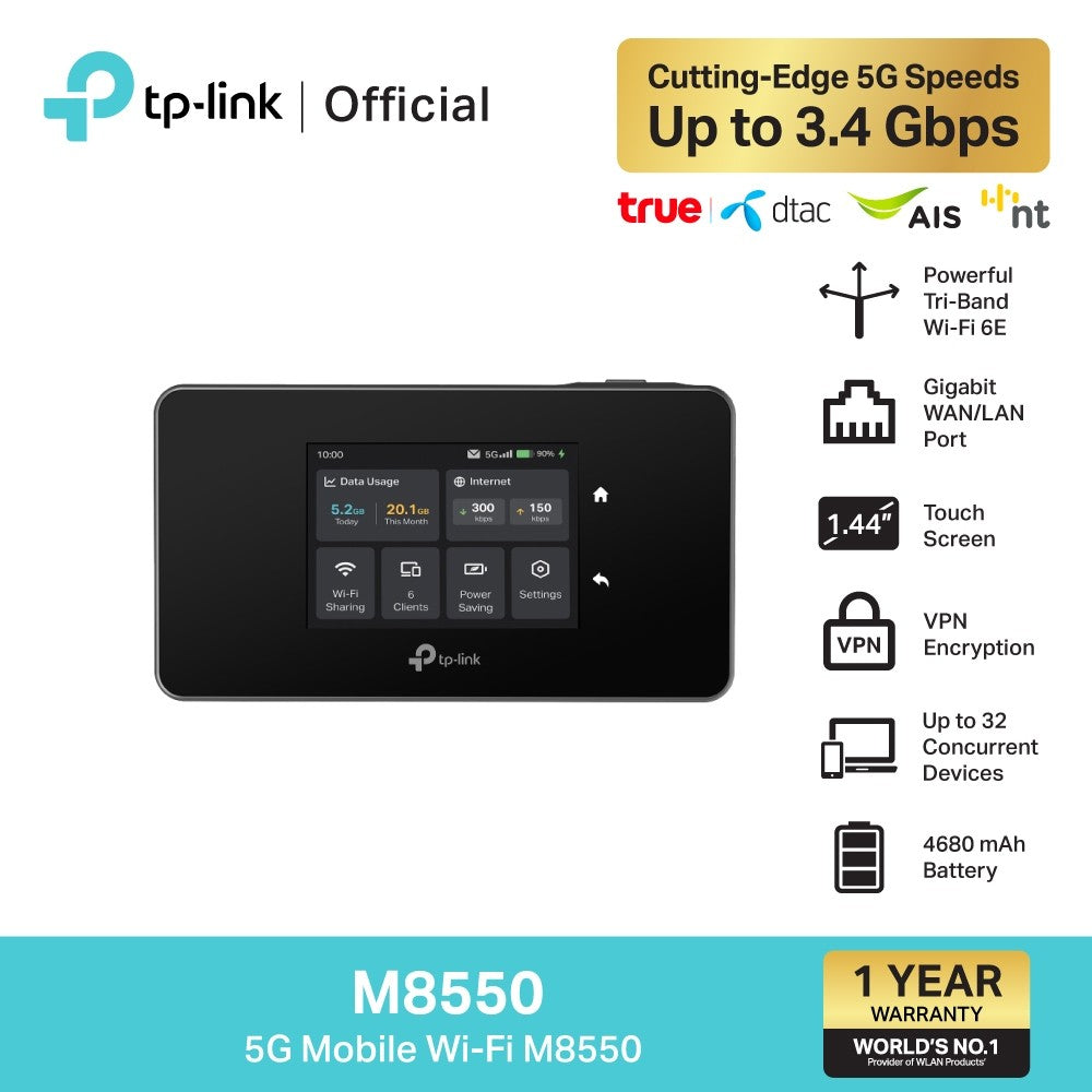 TP-Link M8550 พ็อกเก็ตไวไฟ 5G Mobile Wi-Fi เชื่อมต่อพร้อมกันได้สูงสุด 32 อุปกรณ์ รับประกัน 1 ปี (รองรับการใส่ซิมการ์ด 1 ซิม)