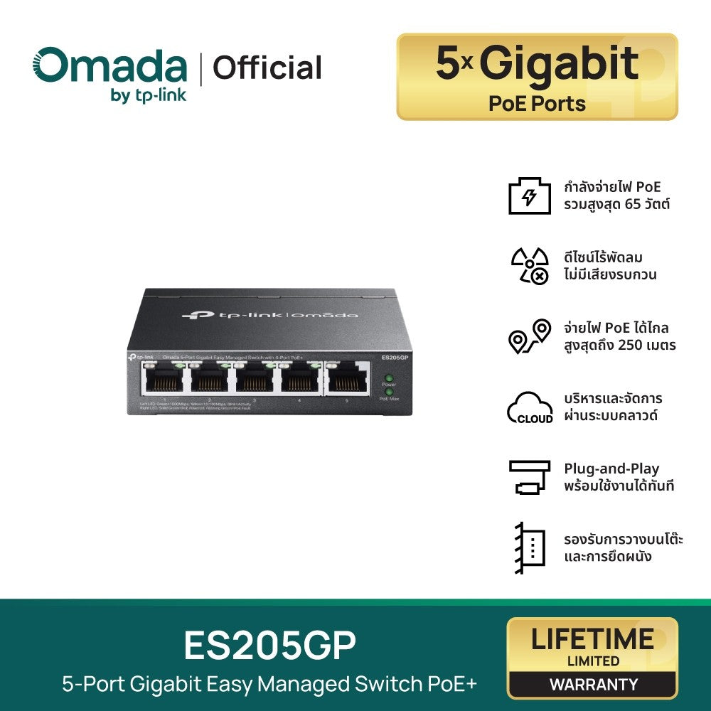 TP-Link ES205GP Omada สวิตช์ 5 พอร์ต Gigabit จัดการง่าย พร้อม 4 พอร์ต PoE+ รับประกันแบบ Limited Lifetime