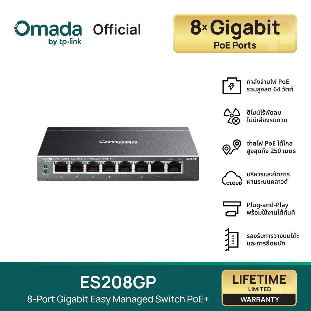 TP-Link ES208GP Omada สวิตช์ 8 พอร์ต Gigabit Easy Managed พร้อม 8 พอร์ต PoE+ รับประกันแบบ Limited Lifetime