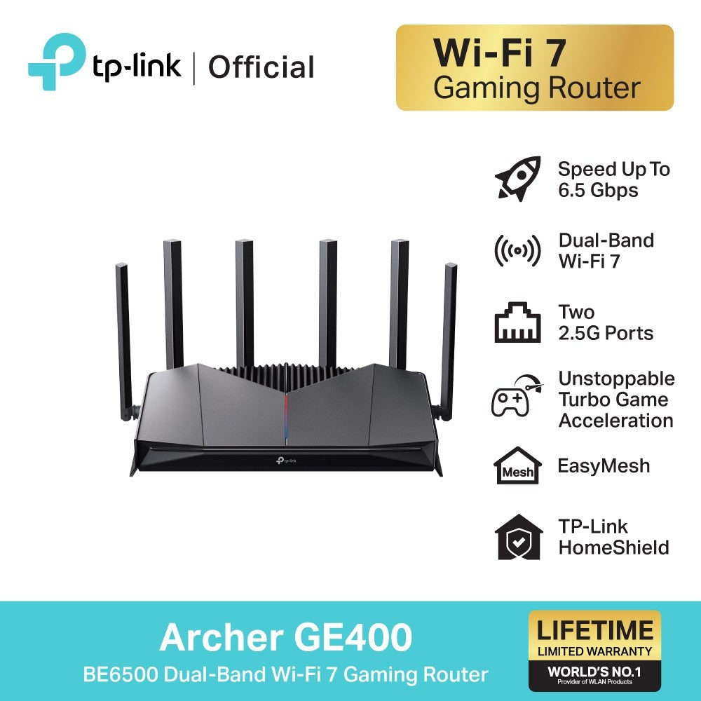 TP-Link Archer GE400 ┃WiFi 7 Gaming Router┃เราเตอร์ไวไฟ7 ┃เราเตอร์สำหรับเล่นเกม┃BE6500 Dual-Band Wi-Fi 7 Gaming Router